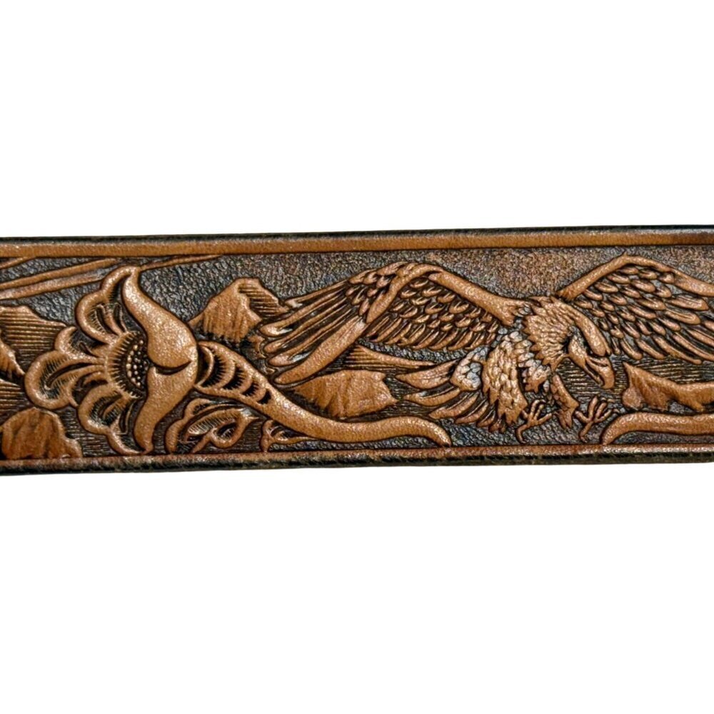 Handcrafted Leather Belt Men's Engraved Eagle Mountain Design Intricate Western
